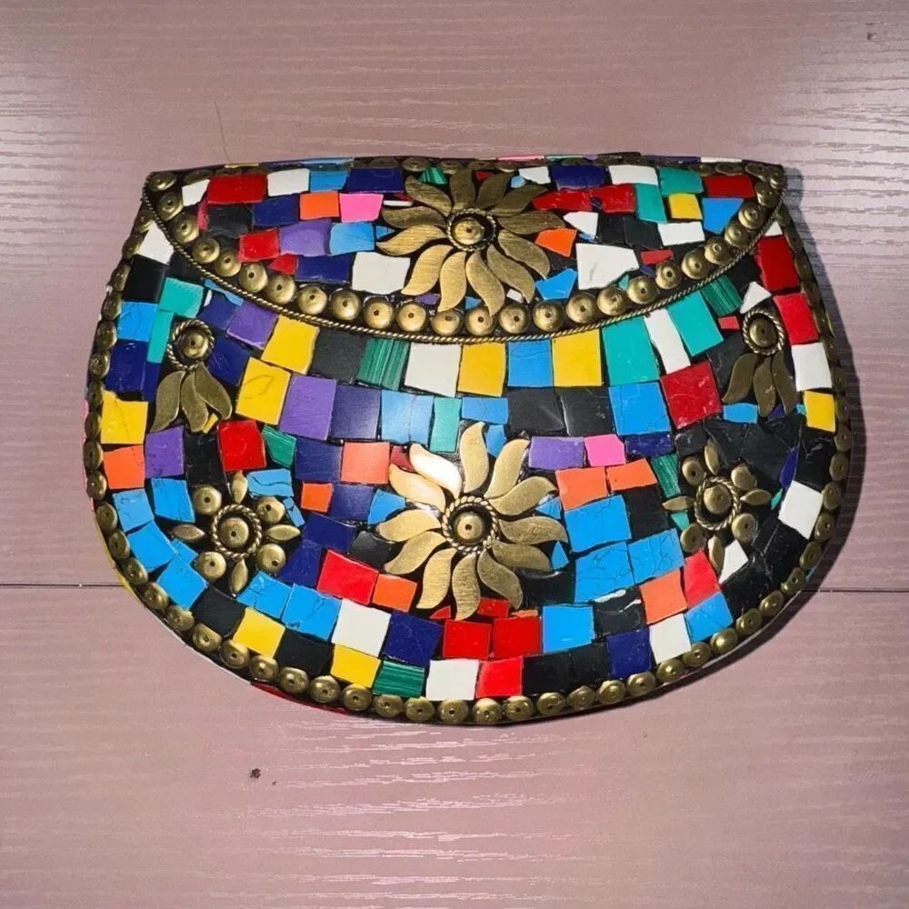 NEW RAMLA Rio mosaic handcrafted gold multicolor shoulder bag clutch new